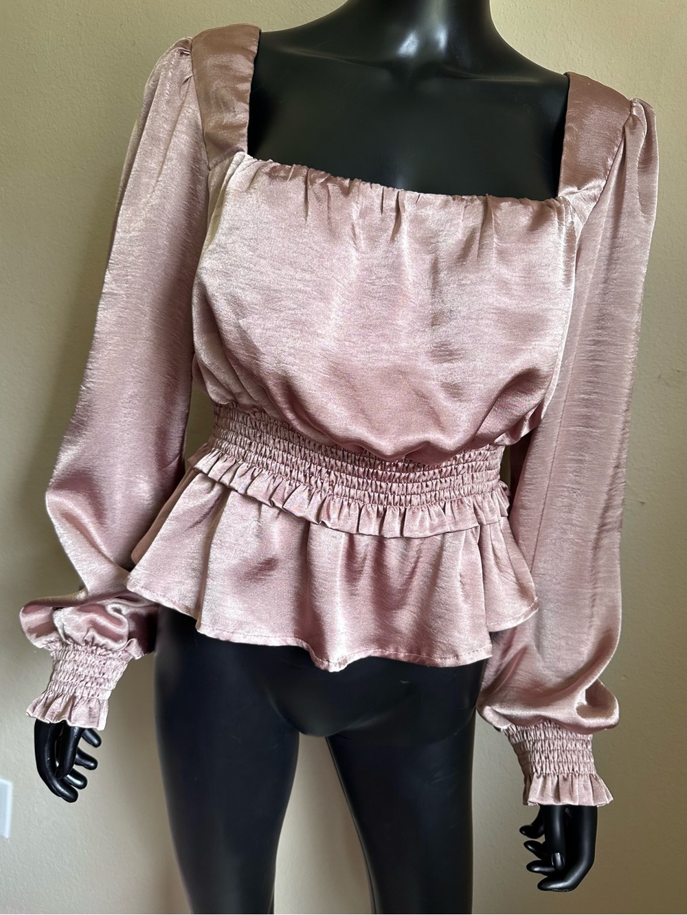 Peach Love California Blush Satin Cowl Neck Ruffle Peplum Top